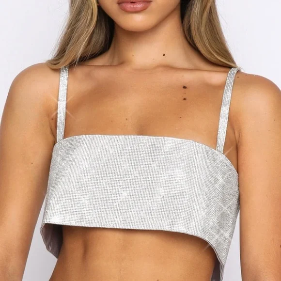 White Fox Boutique Silver Sequin Crop Top - Picture 3 of 3